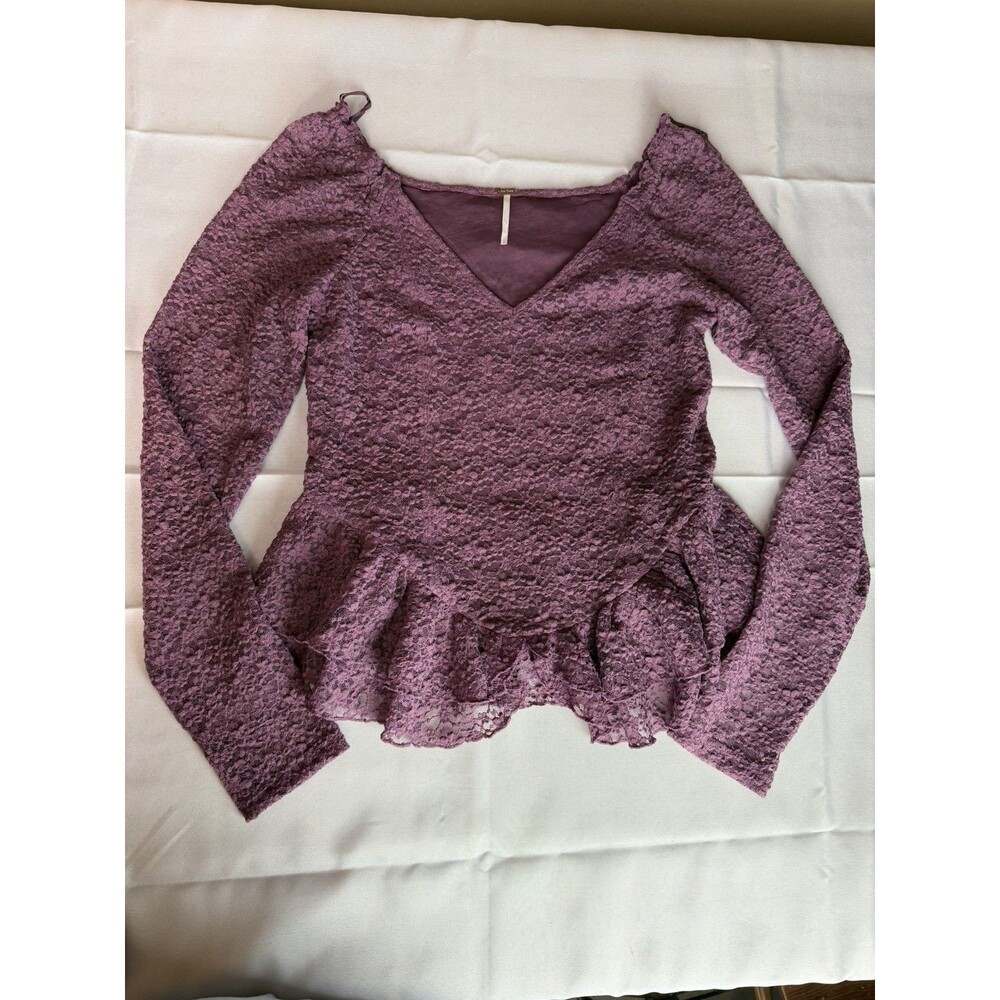 Free People Stella Top Long Sleeve Purple Lace V-Neck Peplum Sz L Fairy Whimsy